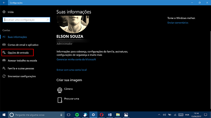 Selecione a guia Opções de Entrada nas configurações do Windows 10 (Foto: Reprodução/Elson de Souza)