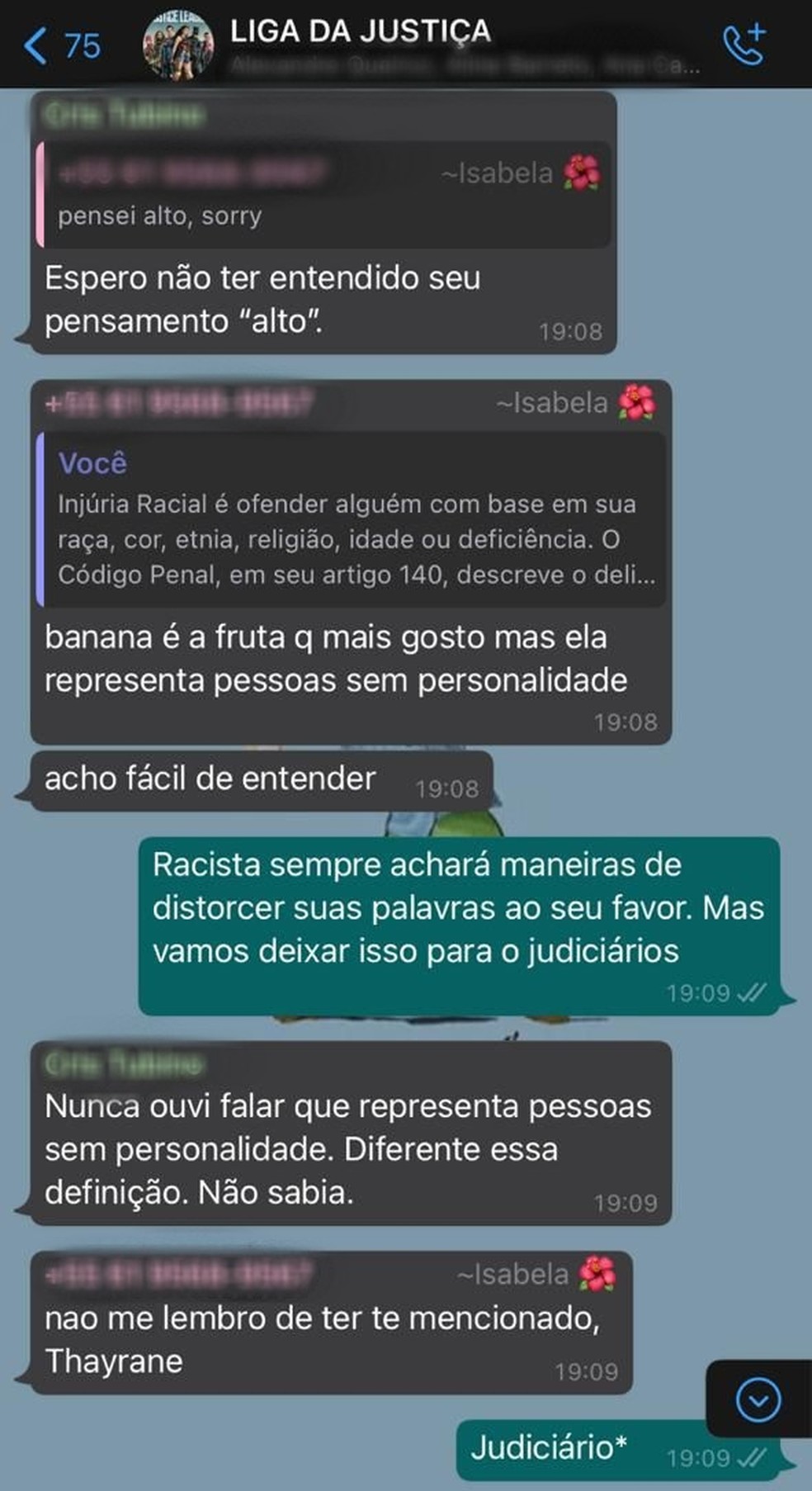 Conversa em grupo de WhatsApp que resultou na denúncia contra advogada do DF por injúria racial — Foto: Arquivo pessoal
