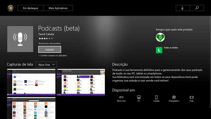 Baixe o app Podcasts no Xbox One (Foto: Reprodução/Murilo Molina)