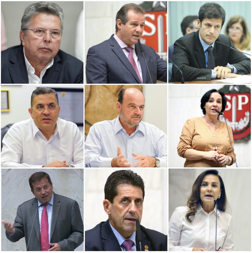 Os nove deputados que propuseram ou encamparam o projeto de aumento, na ordem: Carlão Pignatari (PSDB), Luiz Fernando Ferreira (PT) - 1º Secretário e Rogério Nogueira (PSDB), Gilmaci Santos (Republicanos), Ricardo Madalena (PL), Márcia Lia (PT), Jorge Caruso (MDB), Delegado Olim (PP) e Analice Fernandes (PSDB). — Foto: Montagem/g1