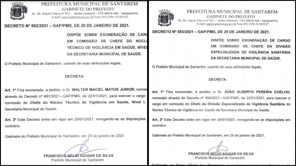 Decretos de exoneração do alto escalão da Divisa em Santarém — Foto: Reprodução 