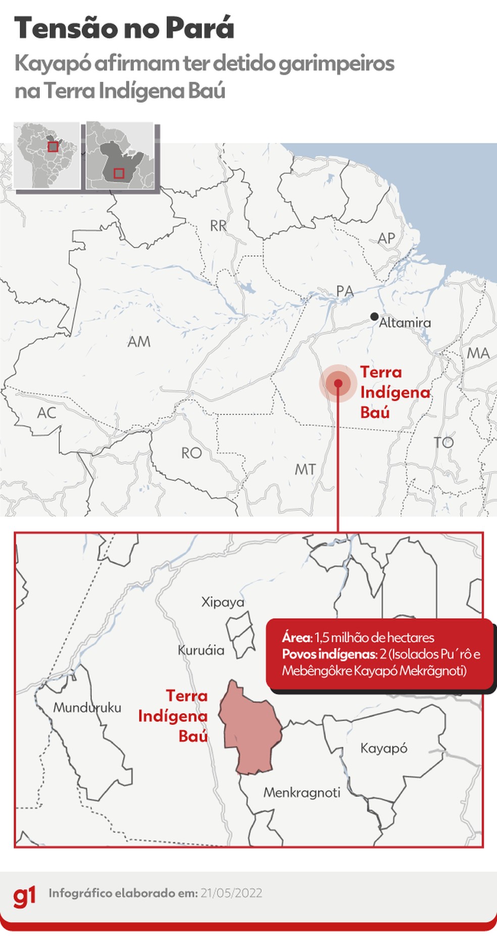 Mapa mostra região de tensão entre garimpeiros e indígenas no Pará. — Foto: Arte / PA
