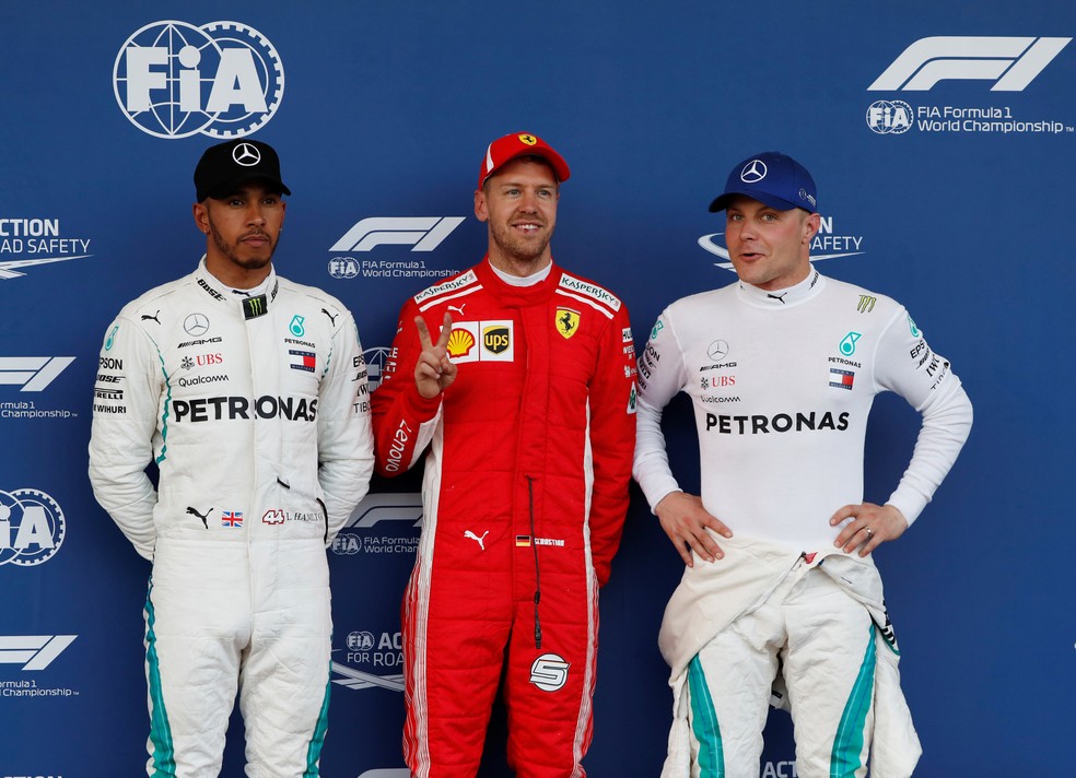Vettel, Hamilton e Bottas, os trÃªs primeiros no grid em Baku (Foto: Reuters)