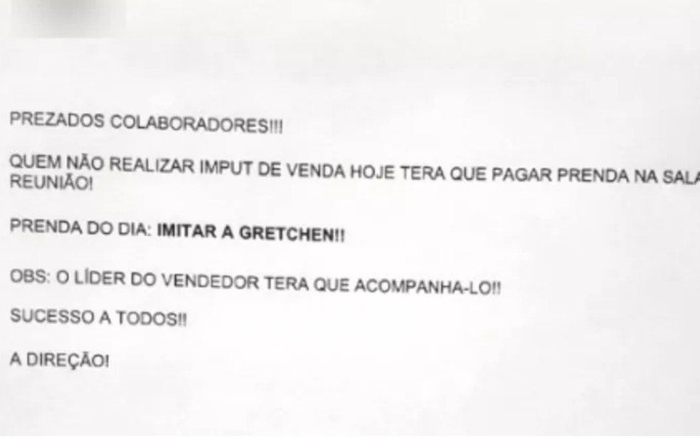 Comunicado de empresa obrigando vendedores a imitar Gretchen, em Goiânia, Goiás  — Foto: Reprodução/Processo Judicial