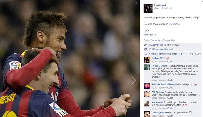 Messi envia mensagem para Neymar após a lesão do jogador brasileiro (Foto: Reprodução/Facebook)