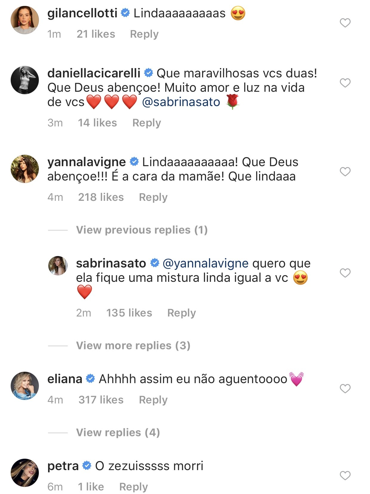 Famosas comentam foto de Sabrina  (Foto: Foto: Reprodução / Instagram)