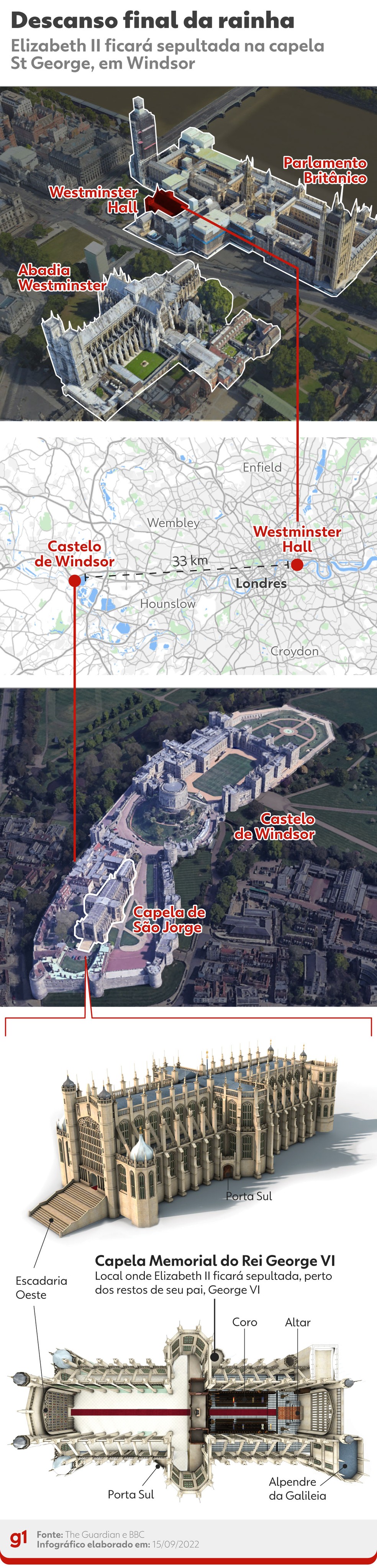 Mapa mostra local onde será o sepultamento da rainha Elizabeth II em Londres — Foto: Arte g1