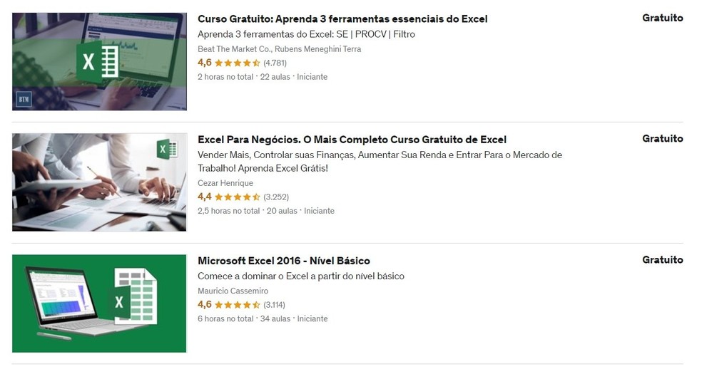 Relação de cursos de Excel online na Udemy — Foto: Reprodução/Thaisi Carvalho