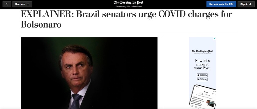CPI da Covid: imprensa internacional destaca acusações contra Bolsonaro — Foto: Reprodução/Washington Post
