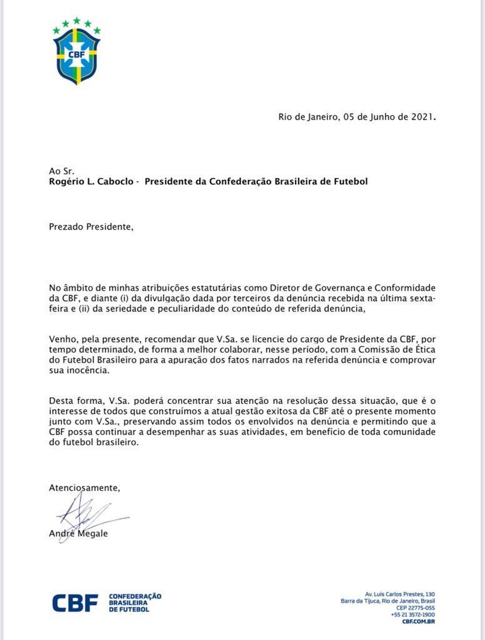 Carta da diretoria de Governança da CBF para Rogério Caboclo — Foto: Reprodução