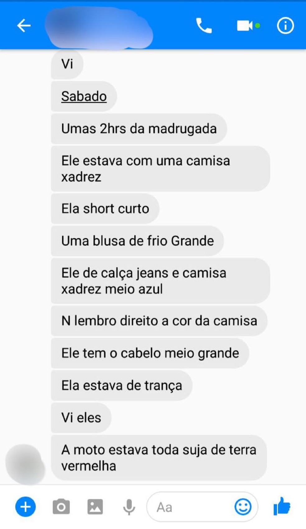 Mensagem enviada por testemunha à mãe e que ajudou a polícia ir em busca de novas informações sobre o desaparecimento do estudante (Foto: Divulgação/Arquivo familiar)