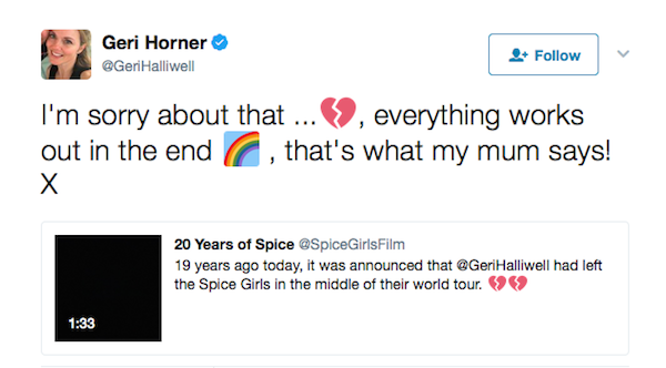 O pedido de desculpas de Geri Halliwell por ter deixado as Spice Girls (Foto: Twitter)