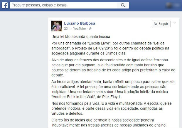 Secretário usou página pessoal para criticar projeto Escola Livre (Foto: Reprodução/Facebook)