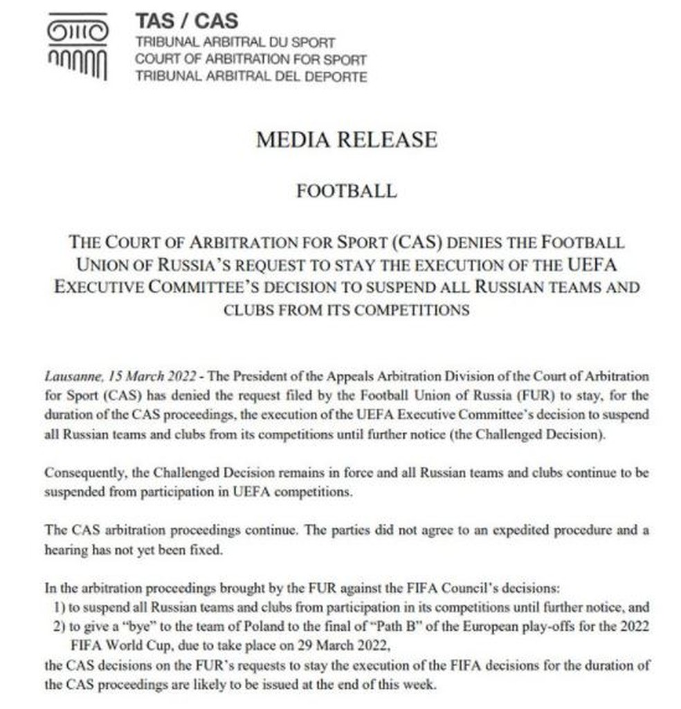 TAS mantém punições da Rússia que foram impostas por Fifa e Uefa — Foto: REPRODUÇÃO