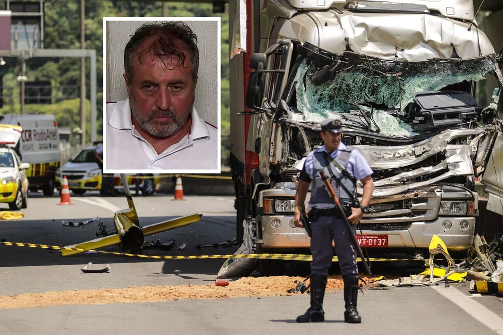 Motorista de caminh&atilde;o que colidiu contra helic&oacute;ptero em que estava Boechat &mdash; Foto: TV Globo/Reprodu&ccedil;&atilde;o e Marcelo Gon&ccedil;alves/Sigmapress/Estad&atilde;o Conte&uacute;do