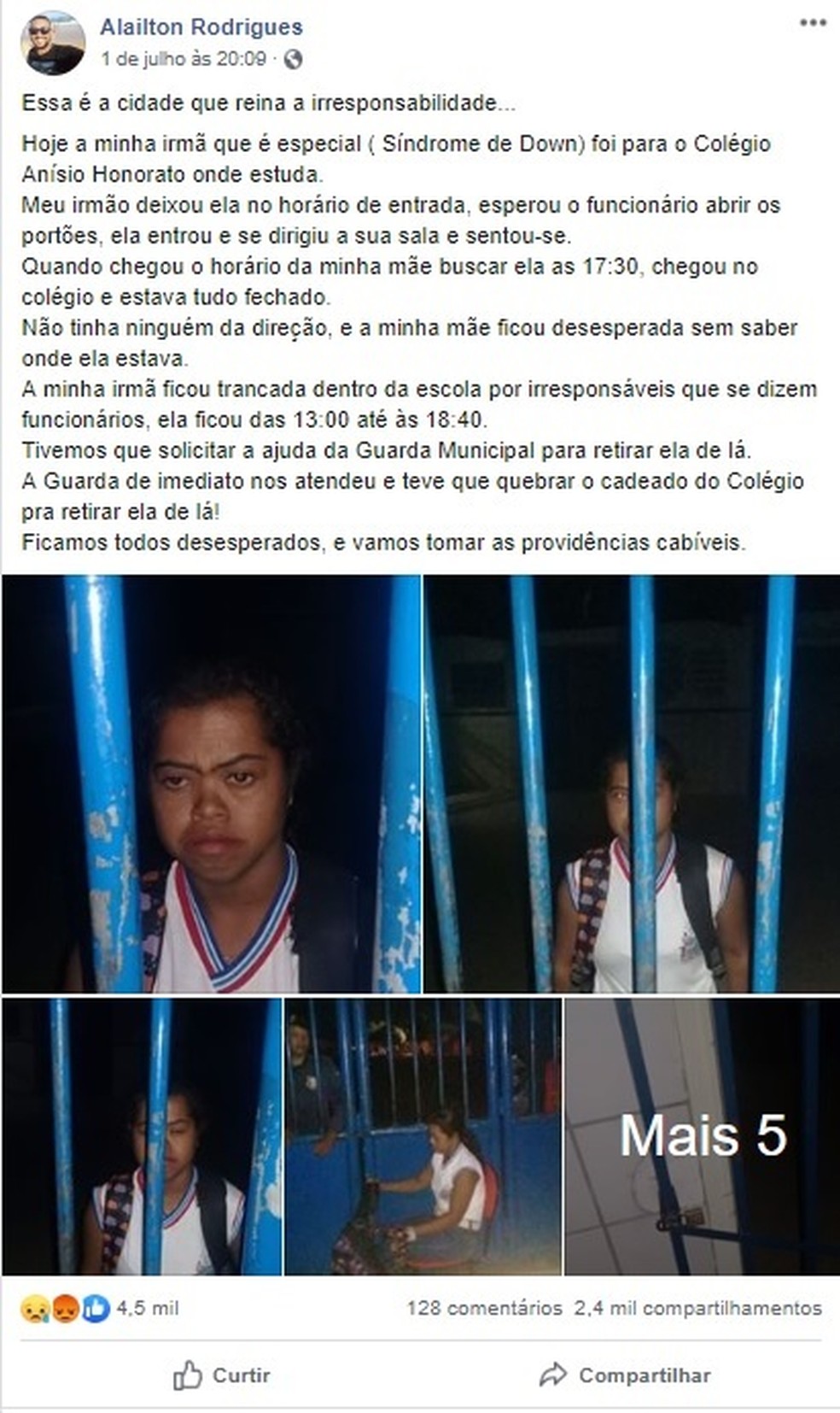 Estudante ficou trancada na escola por quase 6 horas na Bahia — Foto: Reprodução/Redes Sociais