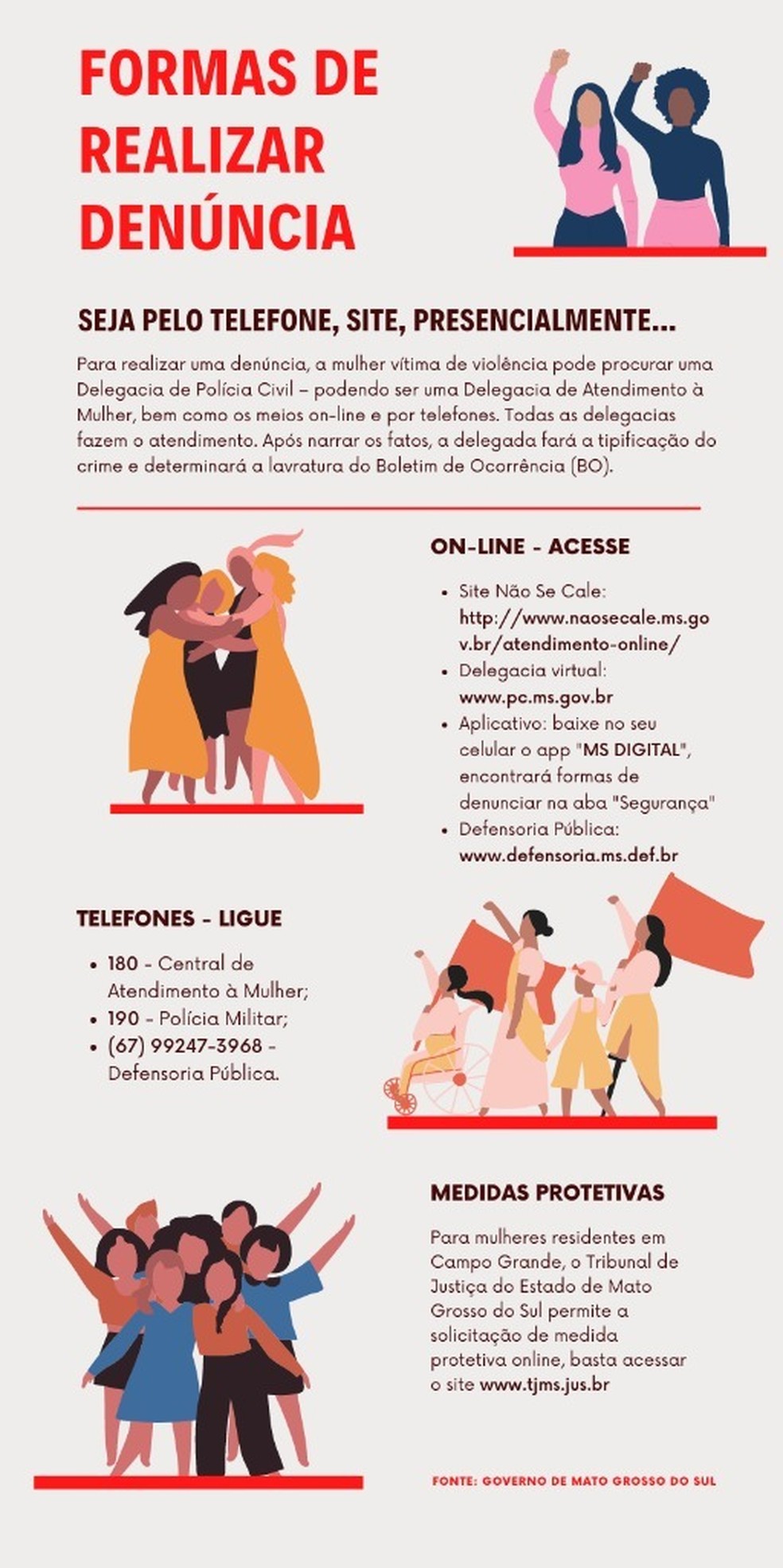 Seja on-line, presencialmente ou pelo telefone, mulheres em MS contam com vários canais para denúncia.  — Foto: Infográfico/José Câmara - Informações/GOV-MS