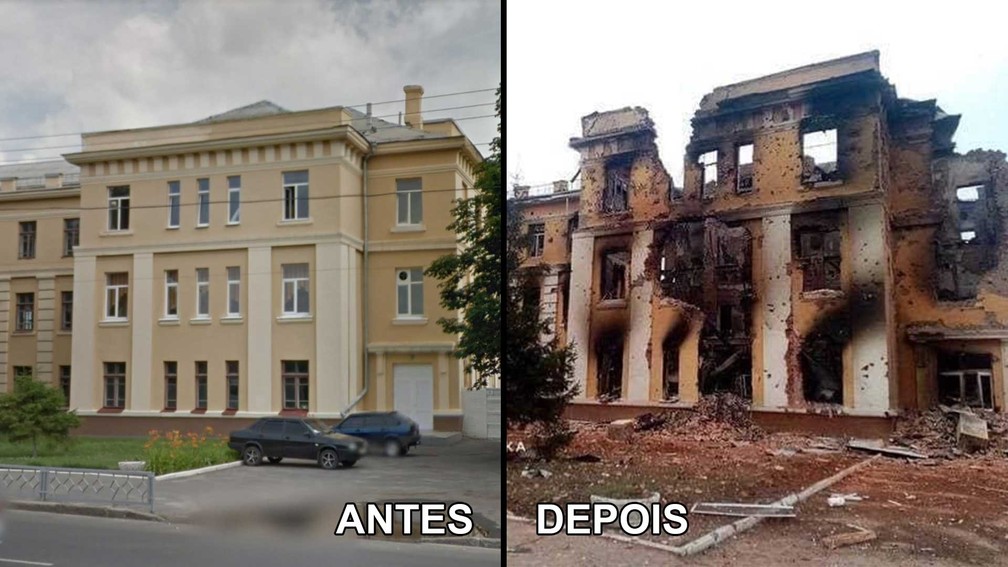 Escola em Kharkiv antes dos ataques, em foto de 2015; e depois, em registro feito no dia 28 de fevereiro de 2022. — Foto: Google e H. Saltovka via Telegram