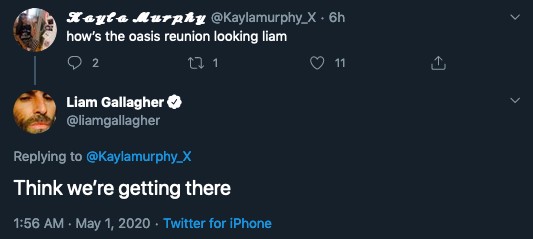 A resposta otimista do músio Liam Gallagher quando questionado por um fã sobre a possível volta do Oasis (Foto: Twitter)