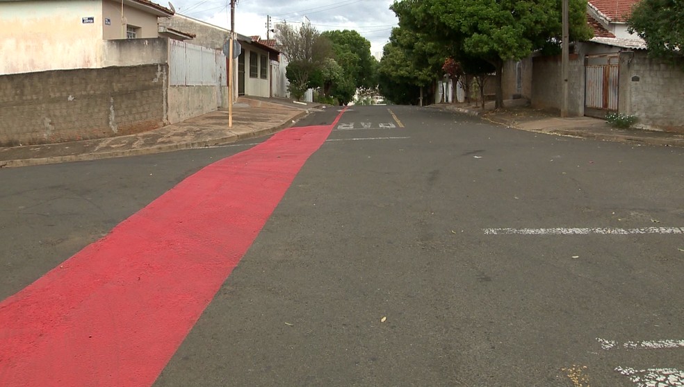 Pintura de ciclofaixa no bairro Parque Jabaquara, em Presidente Prudente (SP) — Foto: TV Fronteira