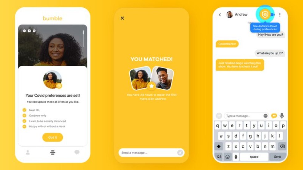 Perfil no Bumble permite definir preferências em relação a medidas de segurança contra covid no caso de um eventual encontro — Foto: Bumble/BBC
