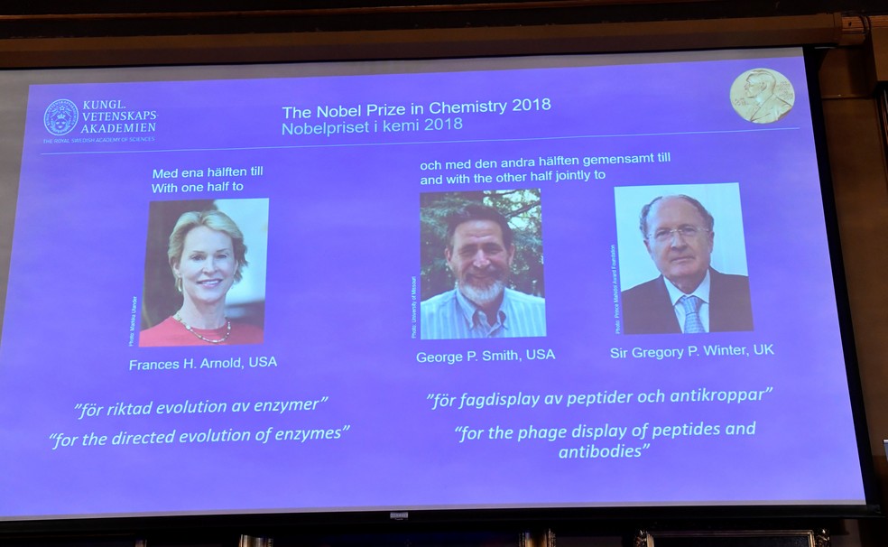 Frances H. Arnold, George P. Smith e Sir Gregory P. Winter, ganhadores do Nobel de QuÃ­mica 2018 â€” Foto:  Jonas Ekstromer/TT News Agency/via Reuters
