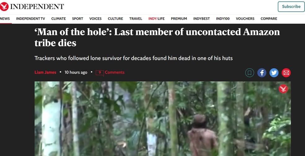 Texto do Independent sobre morte de indígena brasileiro — Foto: Reprodução