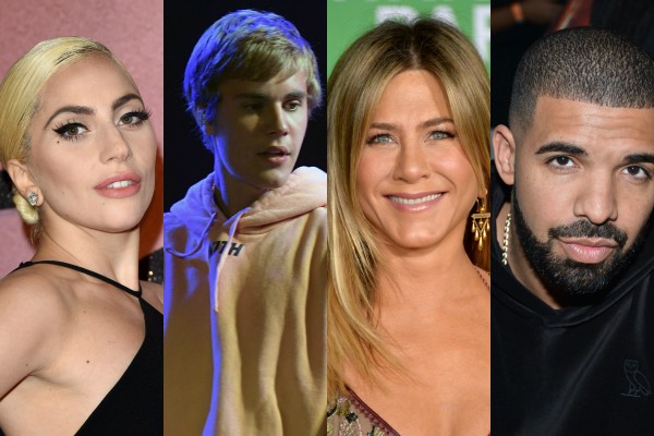 Lady Gaga, Justin Bieber, Jennifer Aniston e Drake  (Foto: Getty Images)