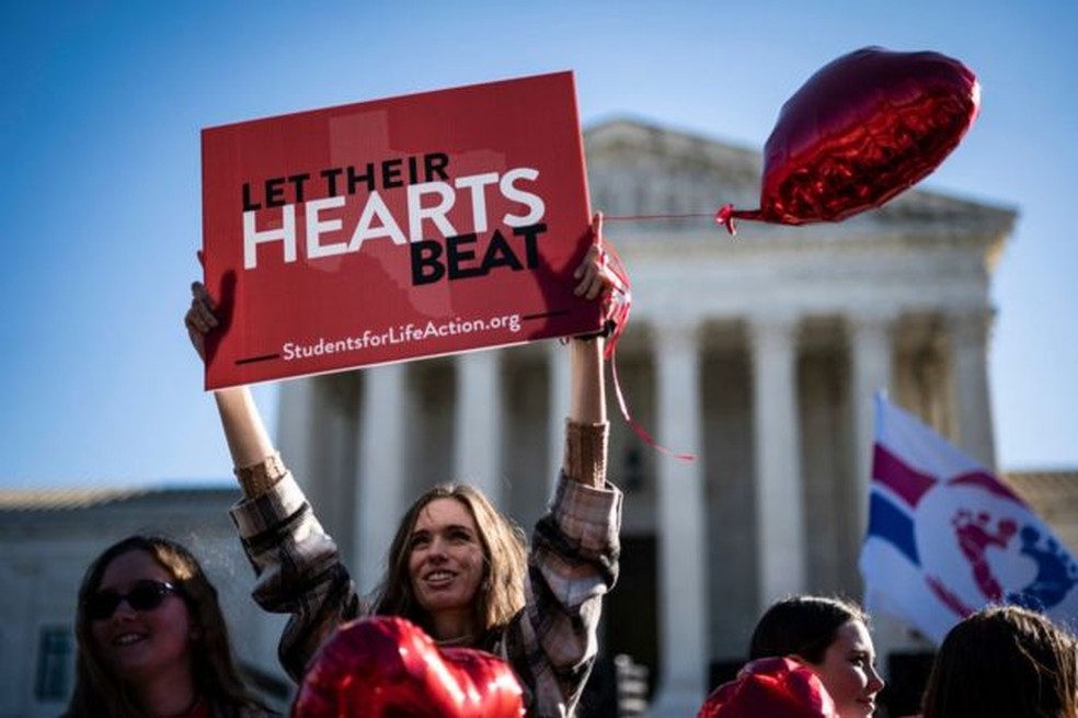 Manifestante antiaborto segura placa que diz "deixe seu coração bater" do lado de fora do Capitólio, em Washington — Foto: BBC