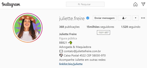 Juliette Freire chega aos 15 milhões de seguidores (Foto: Reprodução/Instagram)
