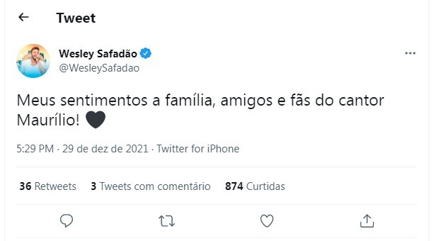 Wesley Safadão lamenta morte do sertanejo Maurílio (Foto: Reprodução/Twitter)