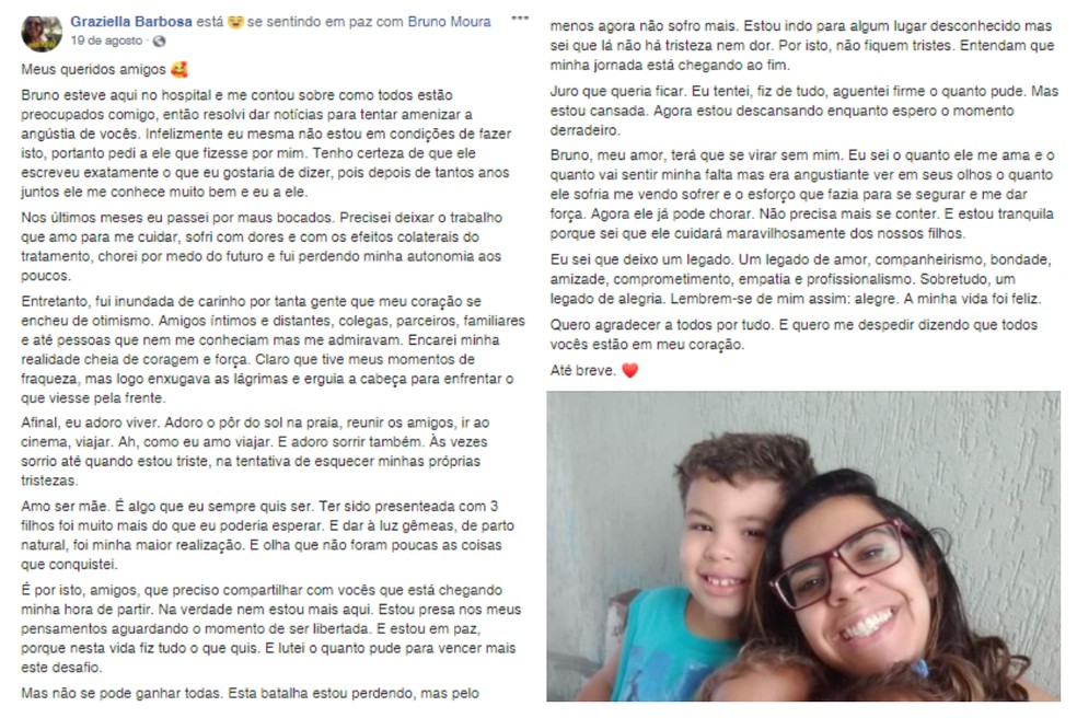 Marido fez postagem de despedida para esposa após médico falar que quadro era irreversível — Foto: Reprodução/Facebook
