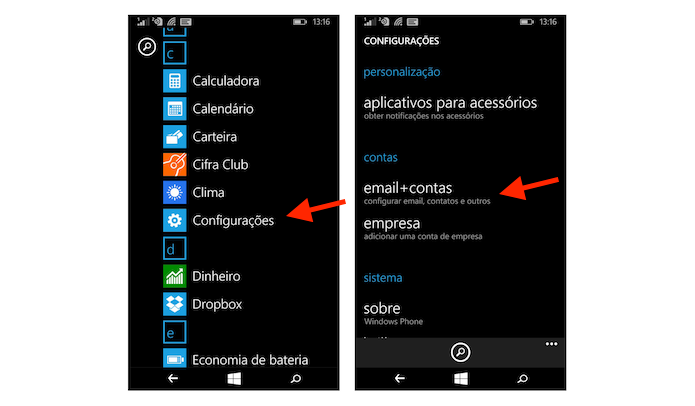 Acessando as configurações para contas de e-mail no Windows Phone (Foto: Reprodução/Marvin Costa)