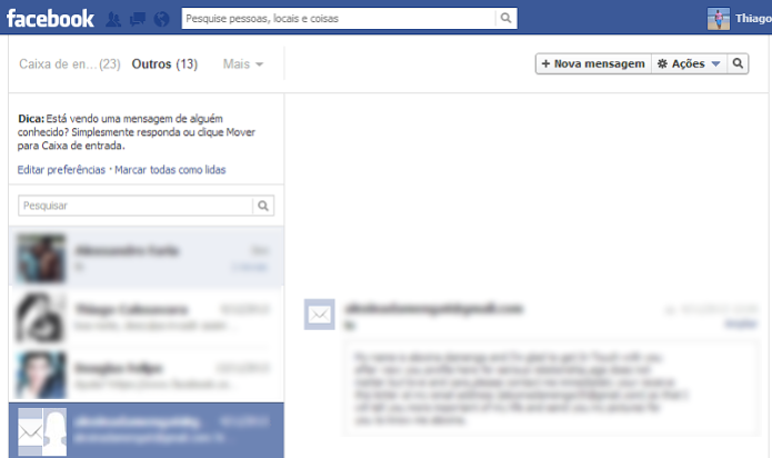 Mensagens de e-mail apareciam na caixa do Facebook  (Foto: Reprodução/Thiago Barros)