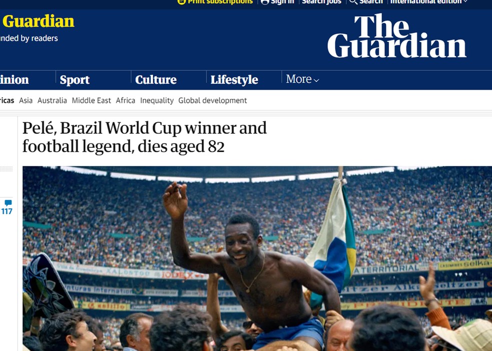 Nota do jornal 'Guardian' sobre Pelé — Foto: Reprodução