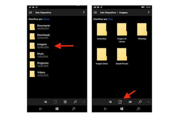 Iniciando o processo para criar uma pasta de arquivos no Windows 10 Mobile (Foto: Reprodução/Marvin Costa)