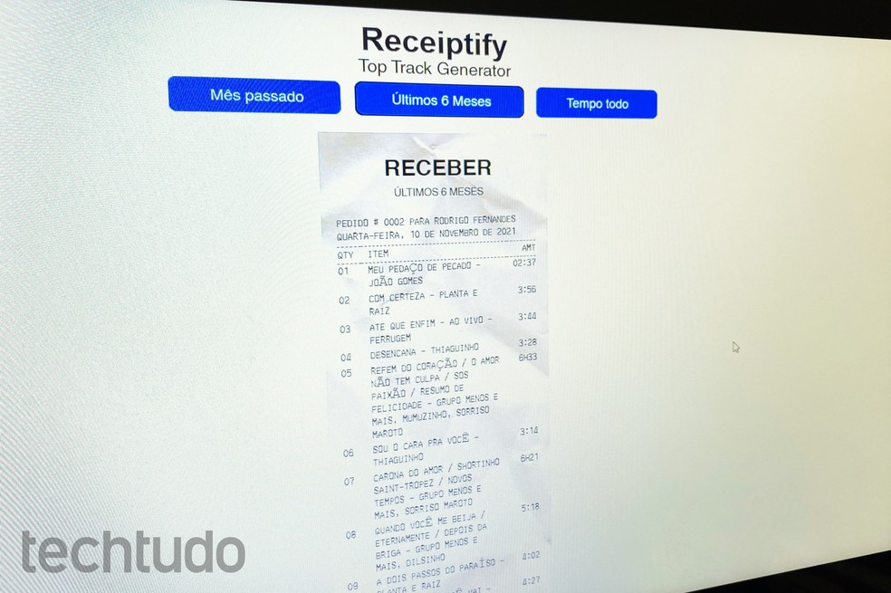 Receipitfy: site emite "recibo" com músicas mais ouvidas no Spotify — Foto: Rodrigo Fernandes/TechTudo
