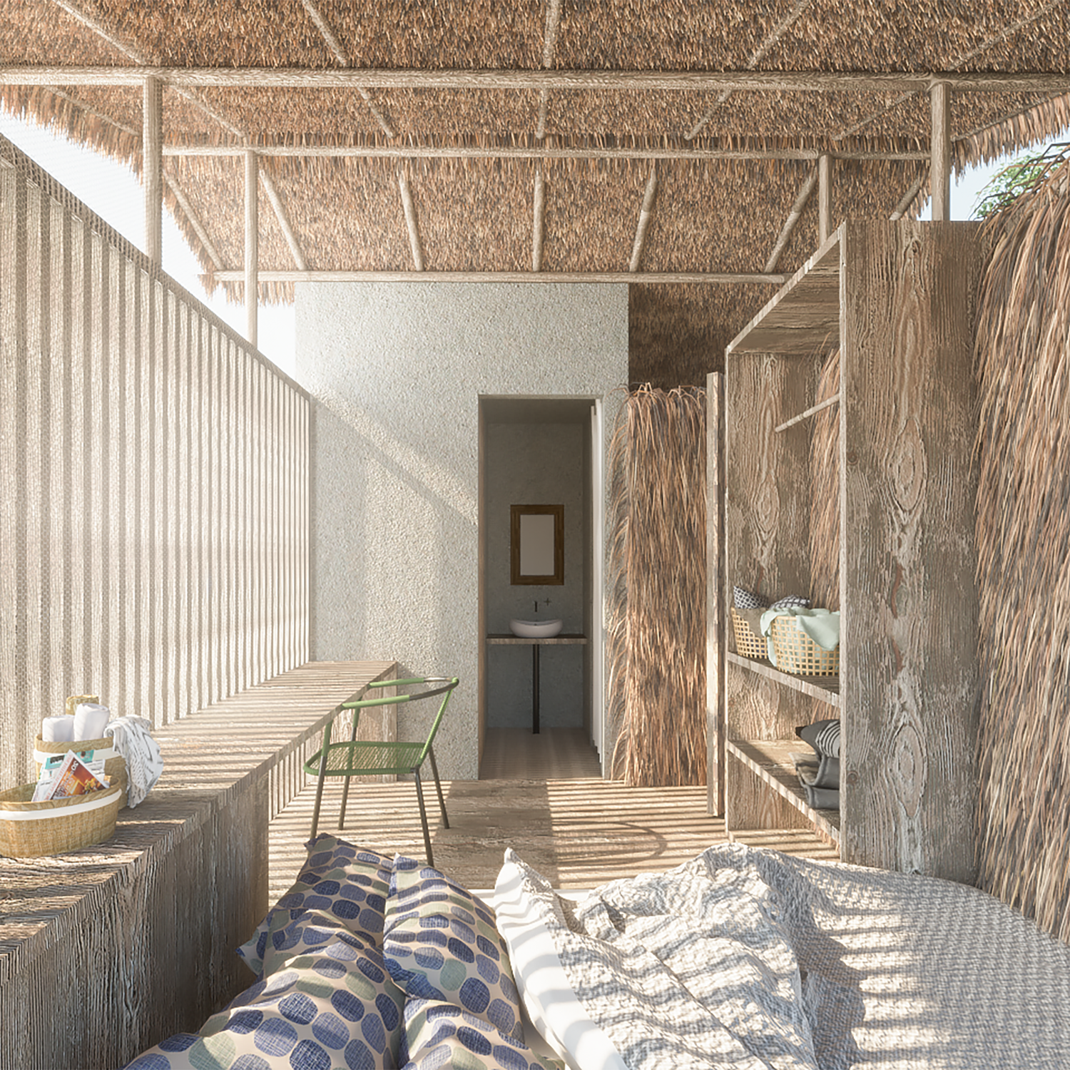 Perspectiva interna da hospedaria com o tradicional telhado de palha (Foto: Amazone-se / Reprodução)