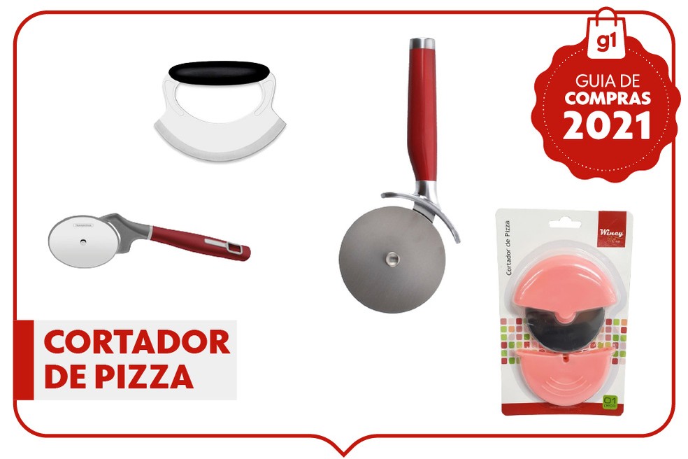 Guia de presentes para quem ama cozinhar: cortador de pizza; da esquerda para a direita - Tramontina, Brinox, KitchenAid e Wincy. — Foto: g1