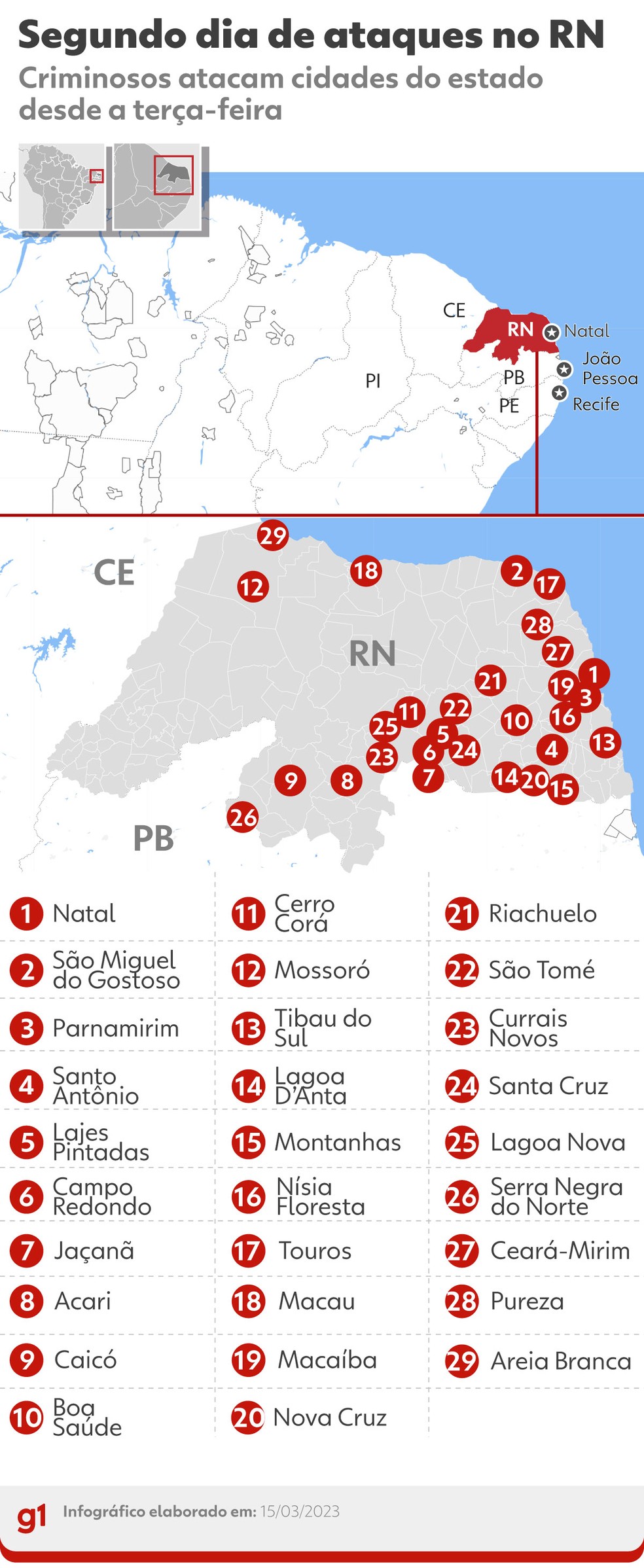 Cidades onde houve ataques no RN — Foto: arte/g1
