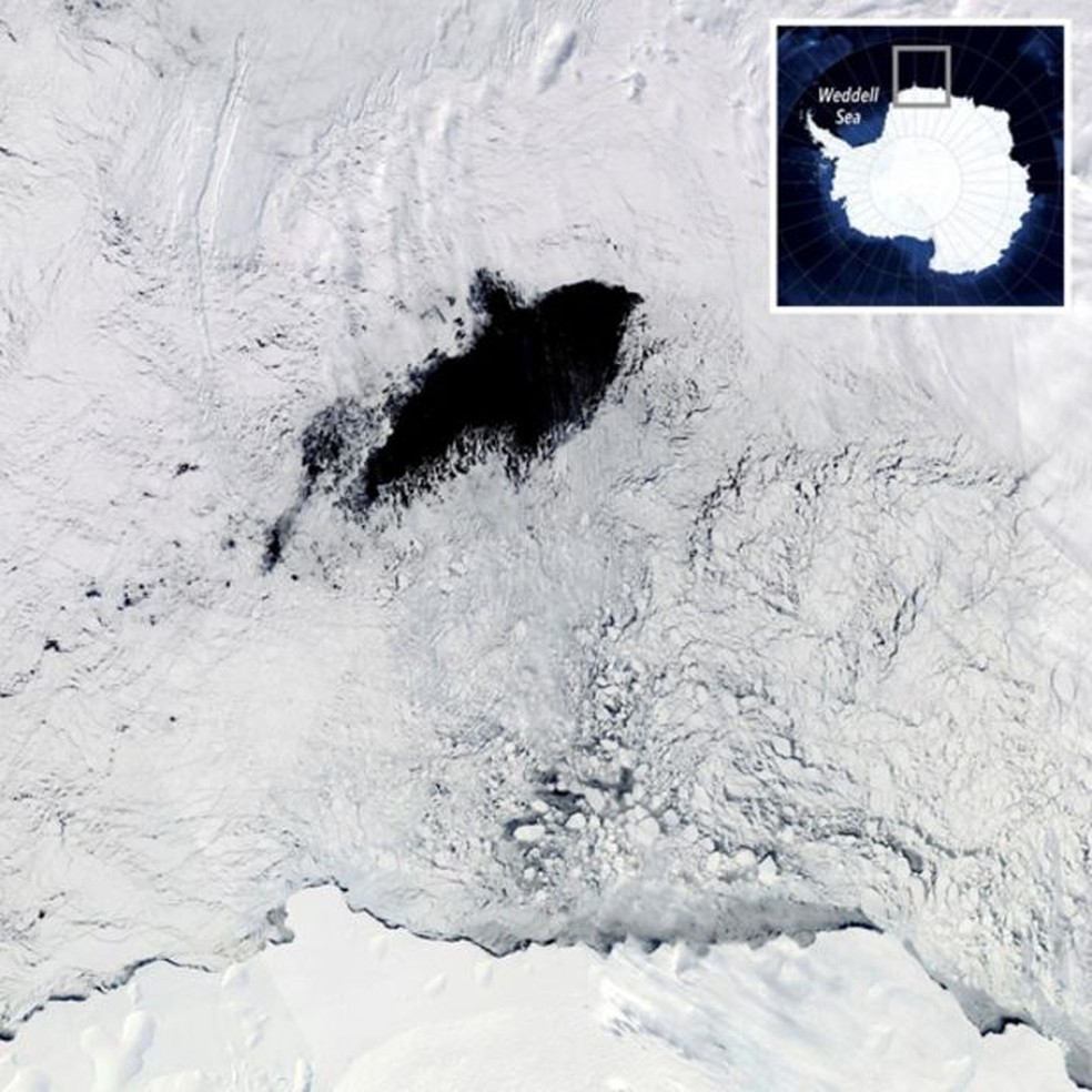 Ventos fazem com que as águas nas profundezas do Mar de Weddell, que são mais quentes e salgadas, subam para o nível de águas superficiais, mais frias e menos salgadas — Foto: Divulgação/Nasa