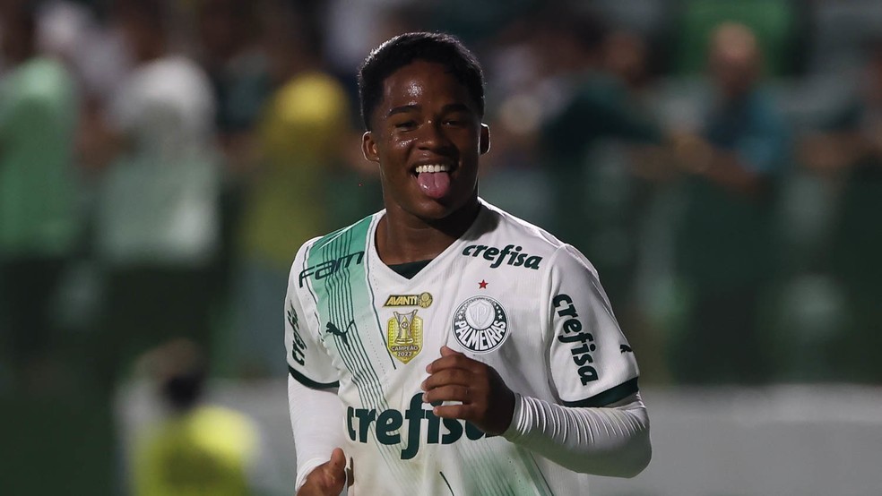 Endrick fez o quinto gol na goleada do Palmeiras em cima do Goiás — Foto: Cesar Greco