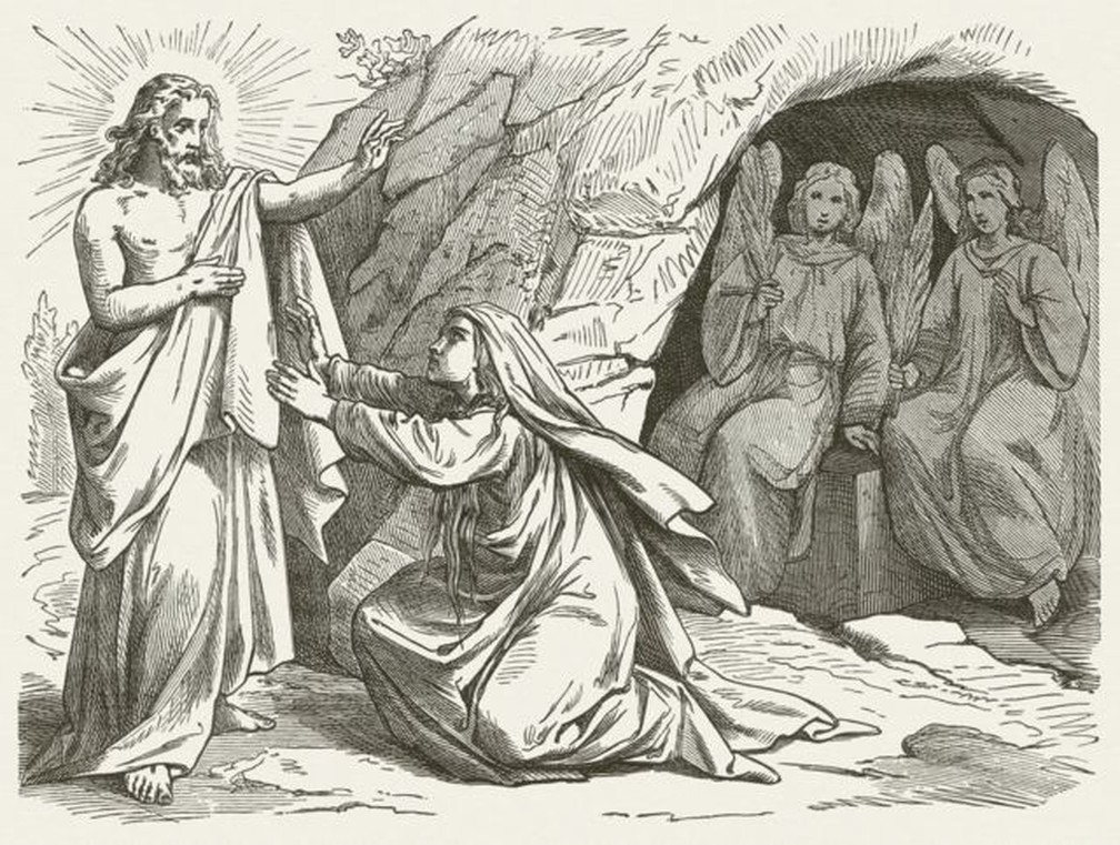 Gravura de 1877 a partir de desenho do alemão Julius Schnorr von Carolsfeld que retrata Maria Madalena testemunhando a ressurreição de Jesus Cristo — Foto: GETTY IMAGES