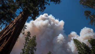 Centenas de bombeiros se mobilizaram na segunda-feira para evitar um incêndio florestal envolvendo uma área de raras sequoias gigantes no Parque Nacional de Yosemite, na Califórnia, EUA — Foto: NIC COURY / AFP