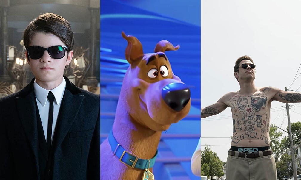 Ferdia Shaw em cena de 'Artemis Fowl: O Mundo Secreto', cena de 'Scooby! O Filme!' e Pete Davidson em cena de 'The king of Staten Island' — Foto: Divulgação