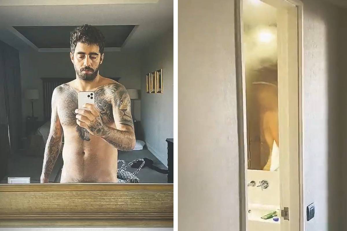Pedro Scooby se filma, aparentemente sem roupa, em quarto de hotel; ele também quase mostrou Cintia Dicker nua no banheiro (Foto: Reprodução/Instagram)