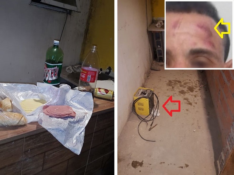 Fotos mostram local onde quadrilha se alimentou enquanto torturava homem (no detalhe); bateria seria usada para dar choques na vÃ­tima, segundo policiais (Foto: sargento PM Waldecir Carvalho/DivulgaÃ§Ã£o)