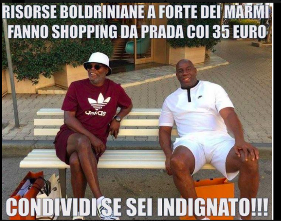Meme postado pelo comediante Luca Bottura que faz piada da foto, salientando como os dois fizeram compras na loja da Prada com os 35 euros por dia que o governo italiano fornece aos imigrantes. (Foto: Reprodução/Facebook/Luca Bottura)