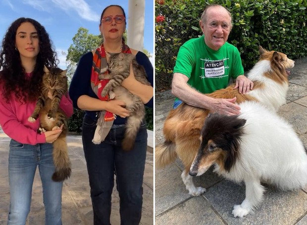 Lívian Aragão e a mãe, Lílian, com os gatos Frederico e Agatha, e o pai da atriz, Renato Aragão, com os cachorros Kimba e Kelly  (Foto: Instagram/@livianaragao @renatoaragao/Reprodução)