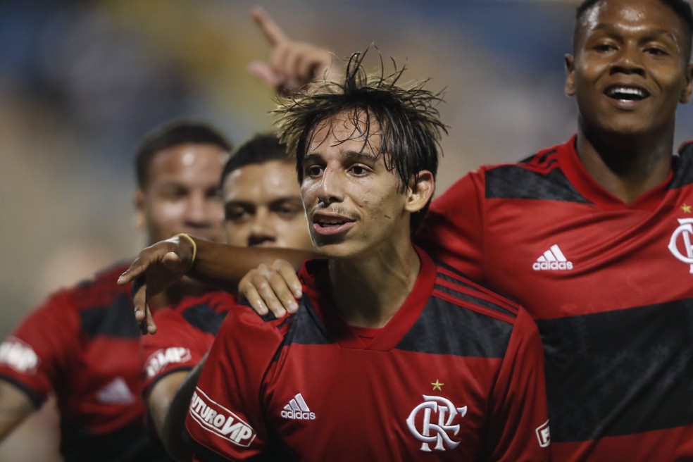 Werton e Matheus França comemoram o segundo gol do Flamengo contra o Forte Rio Bananal — Foto: Gilvan de Souza/CRF